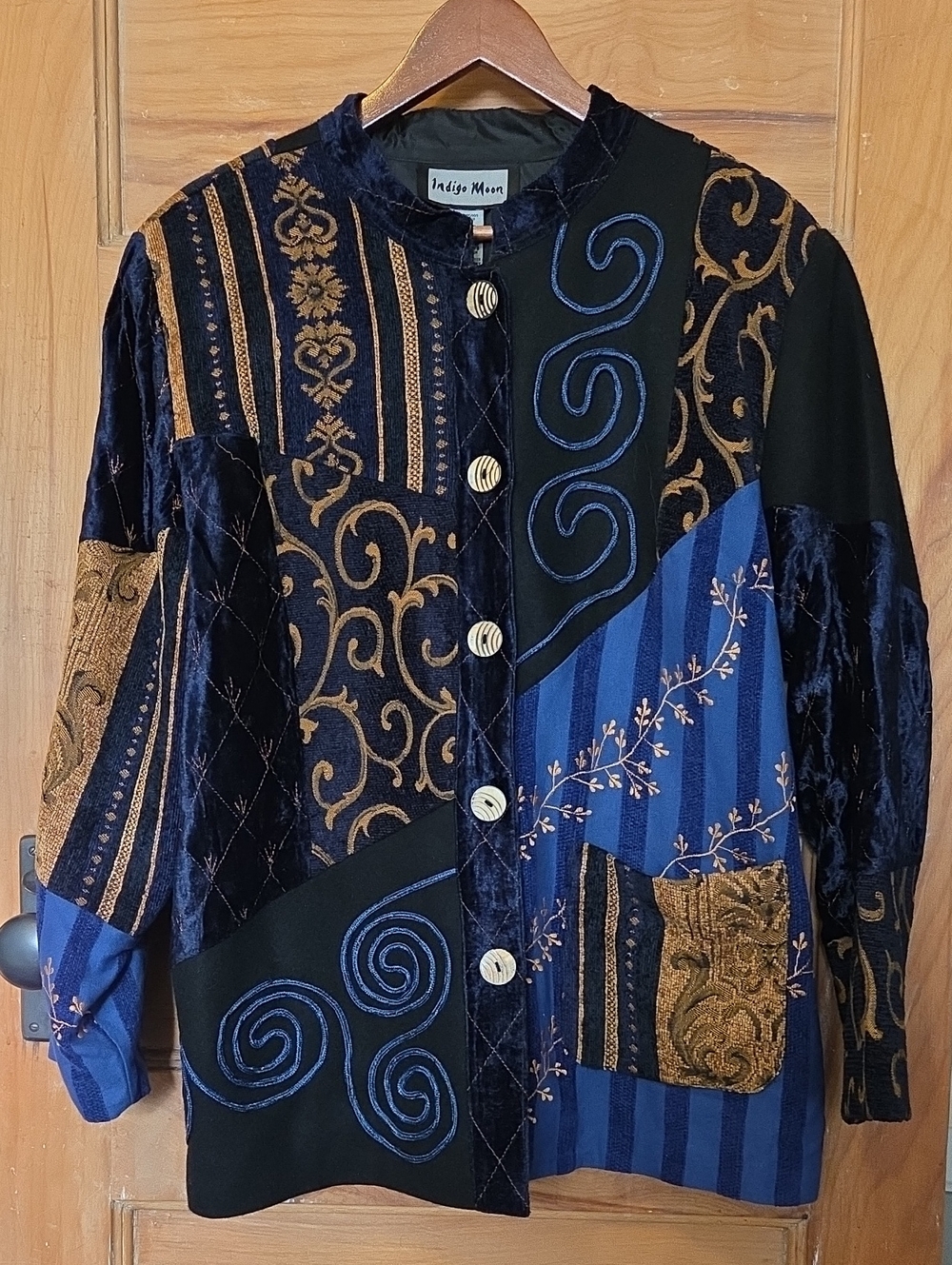 Indigo Moon 90's Patchwork Tapestry Jacket, Deep Blue Velvet & Gold Embroidery